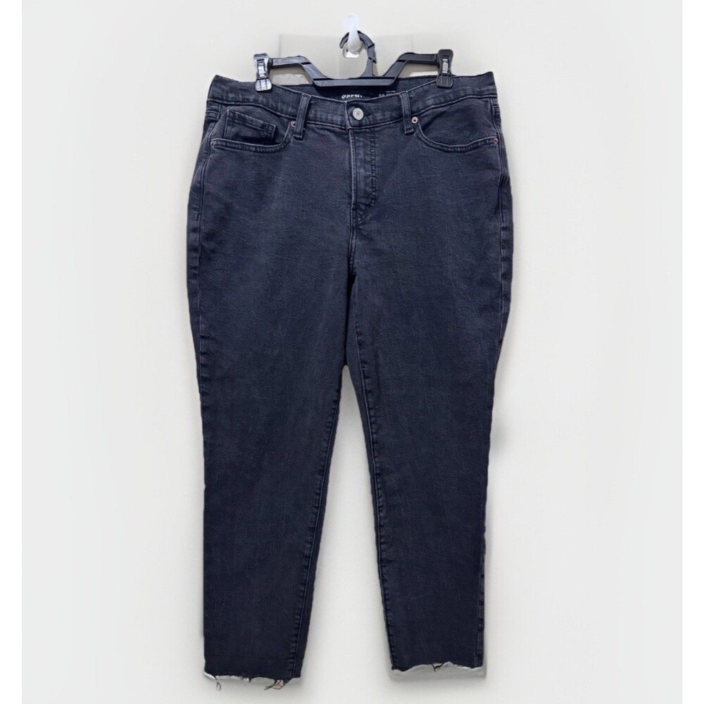 Old Navy OG Straight High Rise Button Fly Jeans Raw Hem Black Womens 14